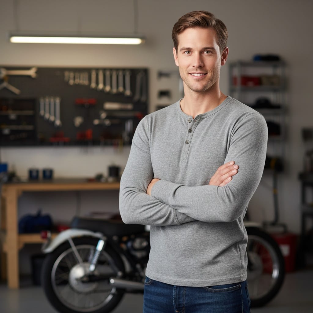 petite white man dad portrait arms crossed 70560535