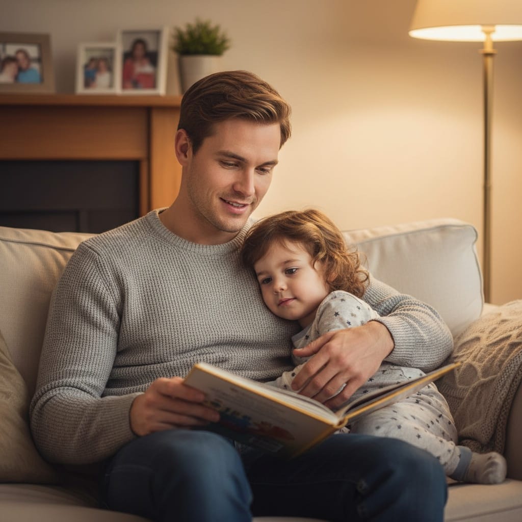 petite white man dad reading bedtime story 71532319