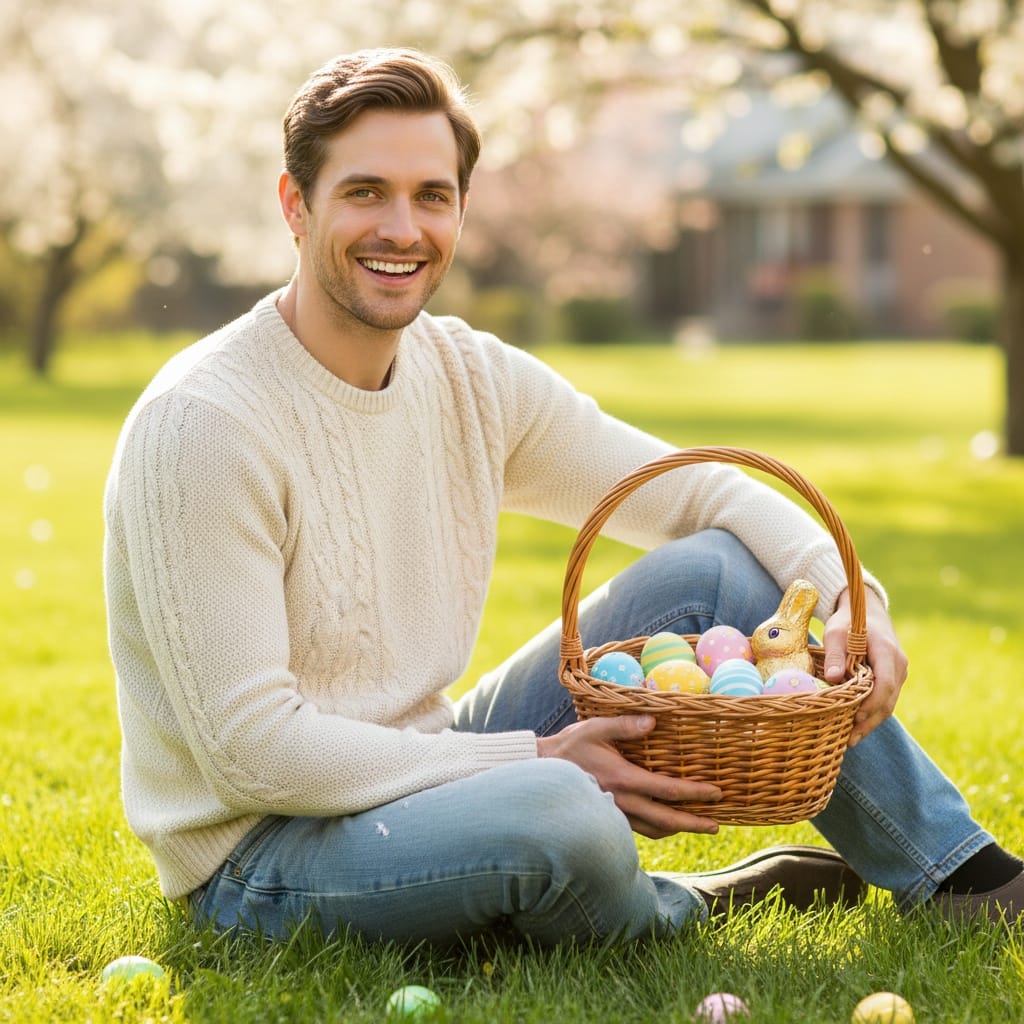 petite white man easter basket outdoor scene 63992742