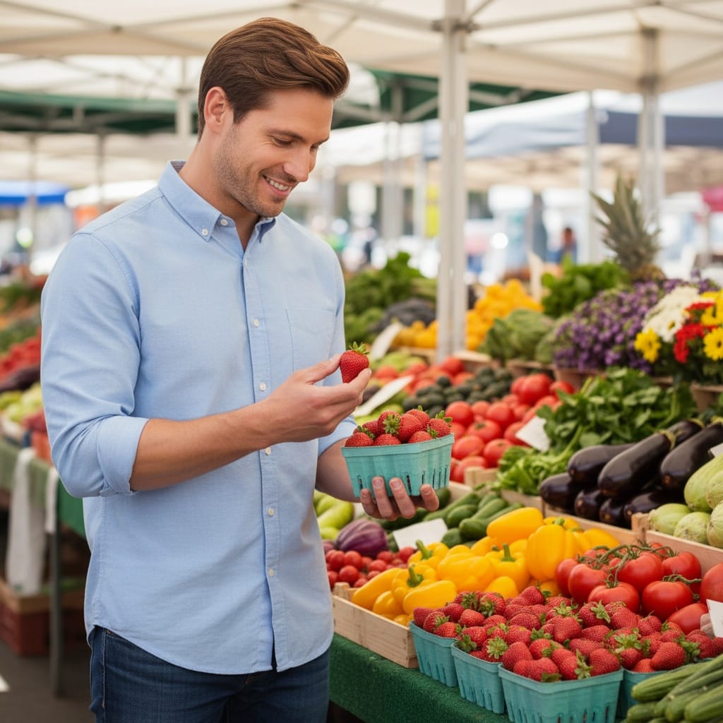 petite white man grocery shopping farmers market 22887946