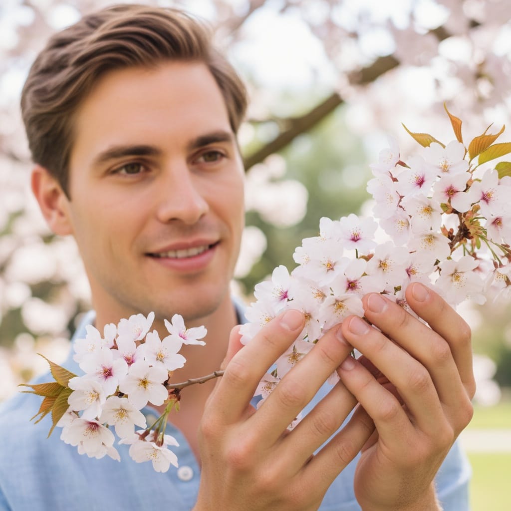 petite white man hands touching blossoms 88130834