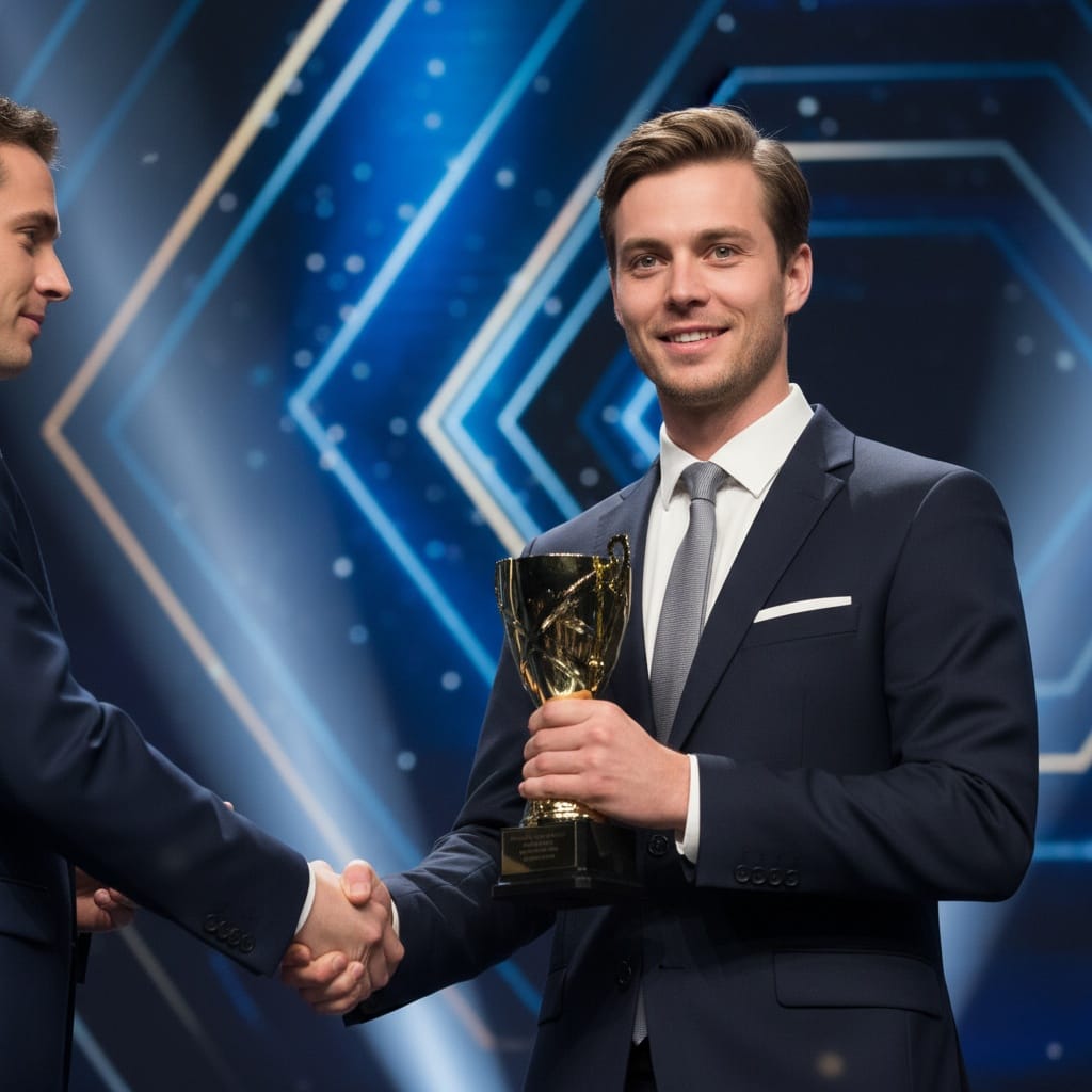 petite white man handshake award exchange 39804606