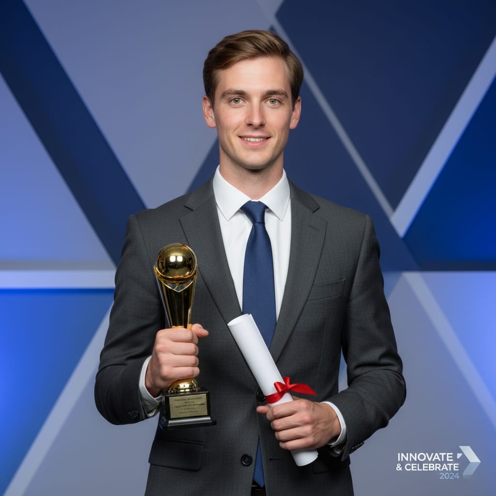 petite white man holding trophy portrait 16324206