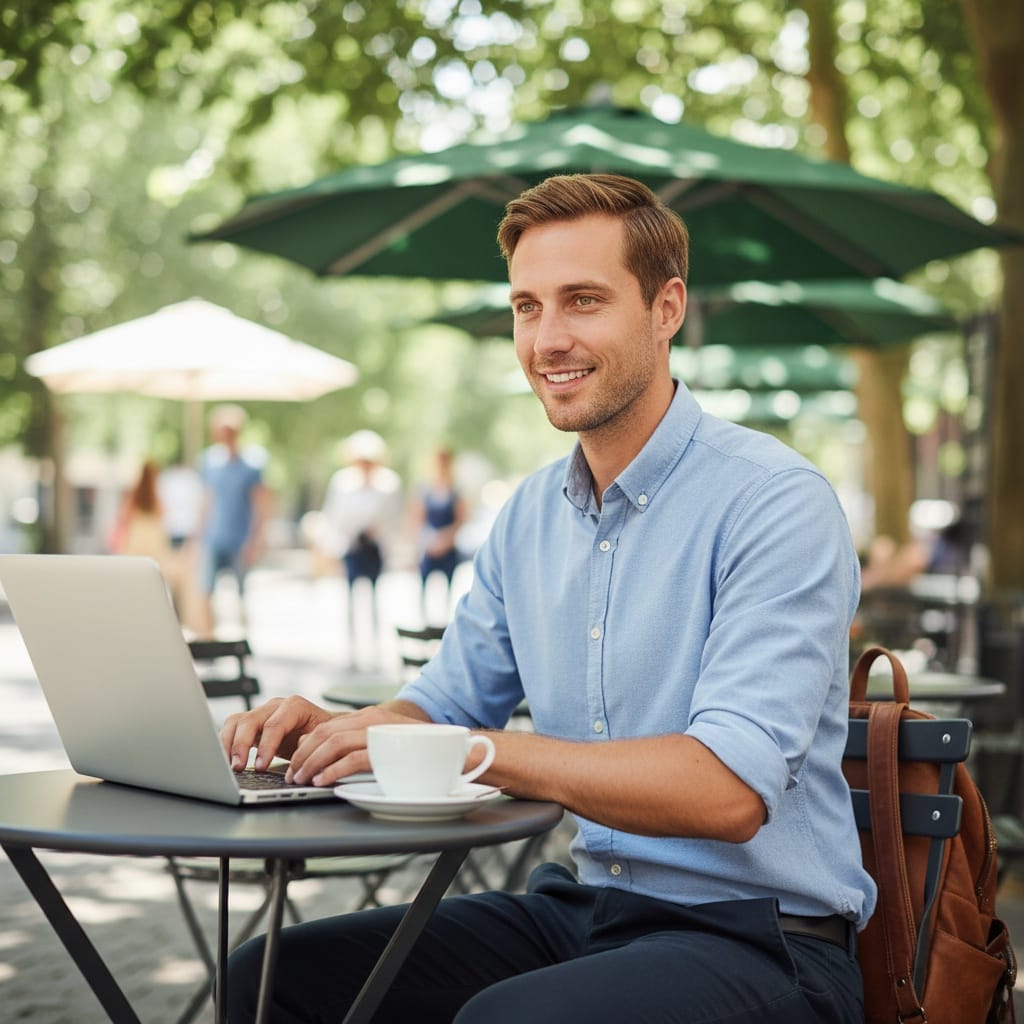petite white man outdoor cafe laptop 82784595