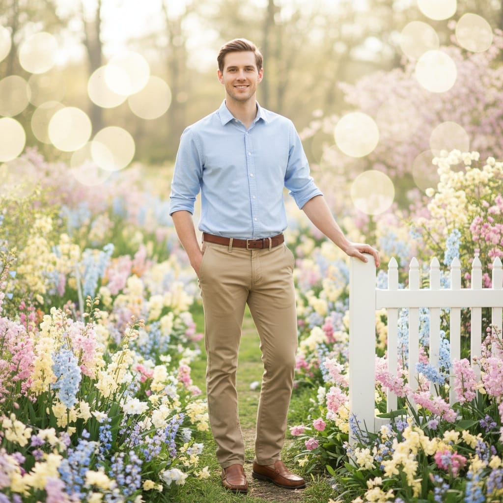 petite white man pastel spring garden portrait 28429949