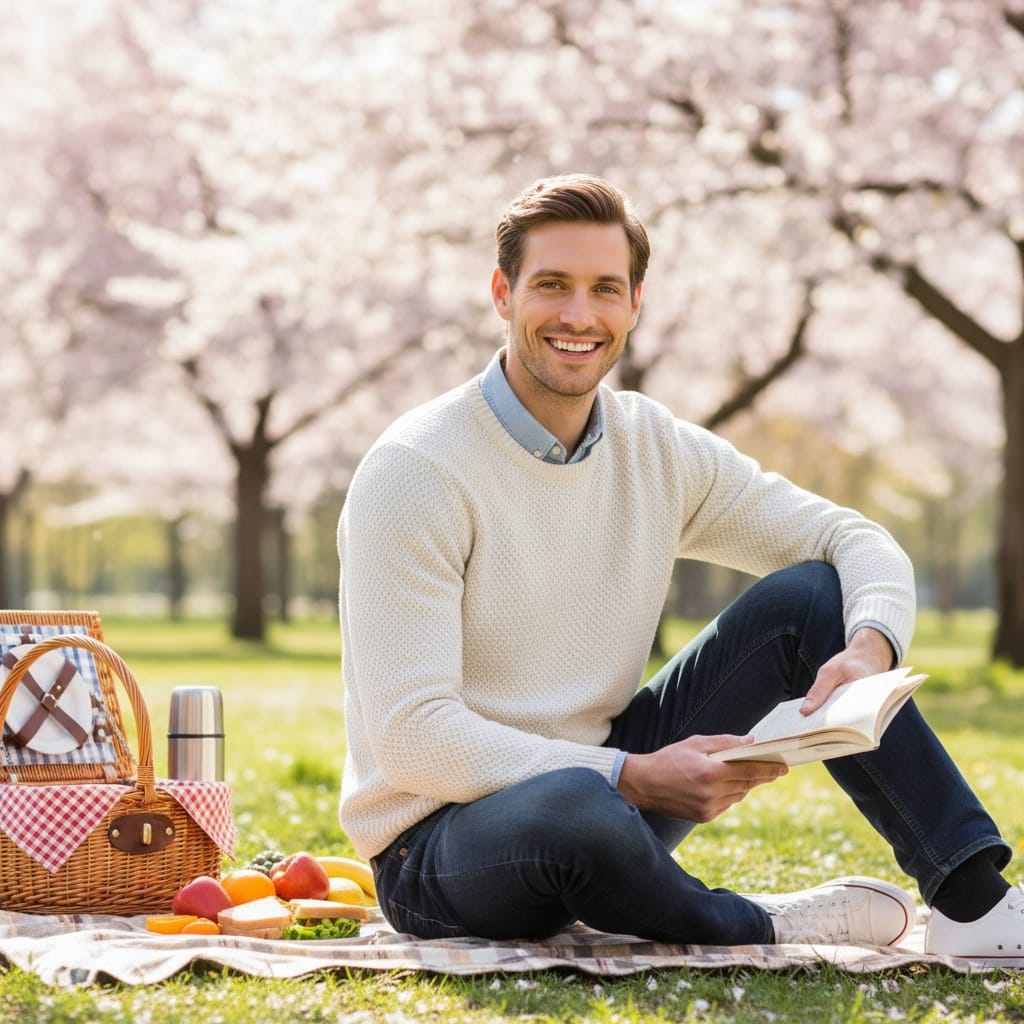 petite white man picnic blanket spring scene 78262901