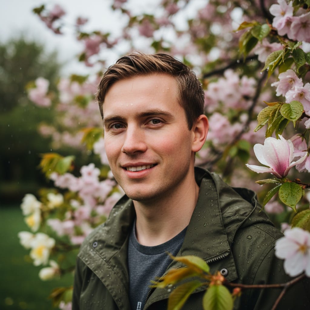 petite white man rain spring blossoms 94396658