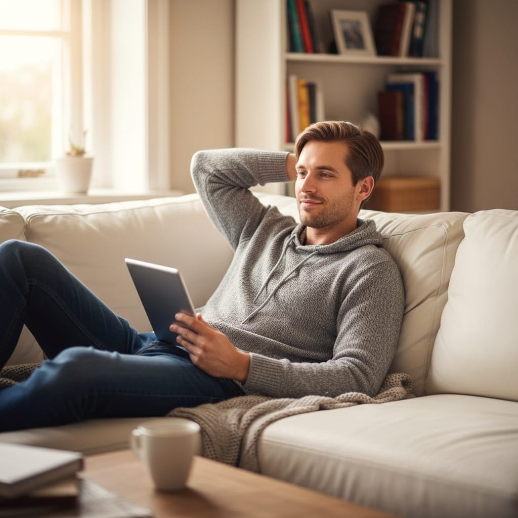 petite white man reading relaxing couch 65478152