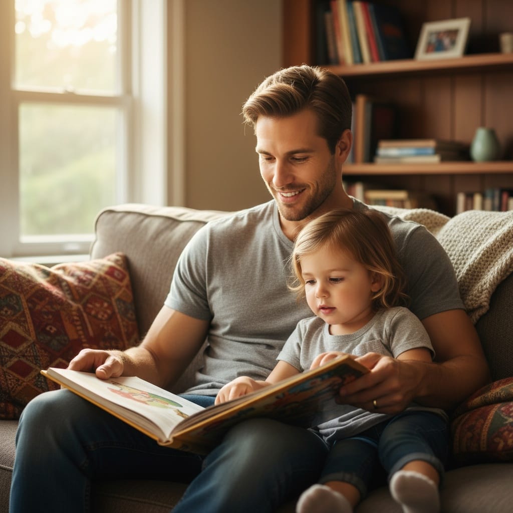 petite white man reading story together 83515444