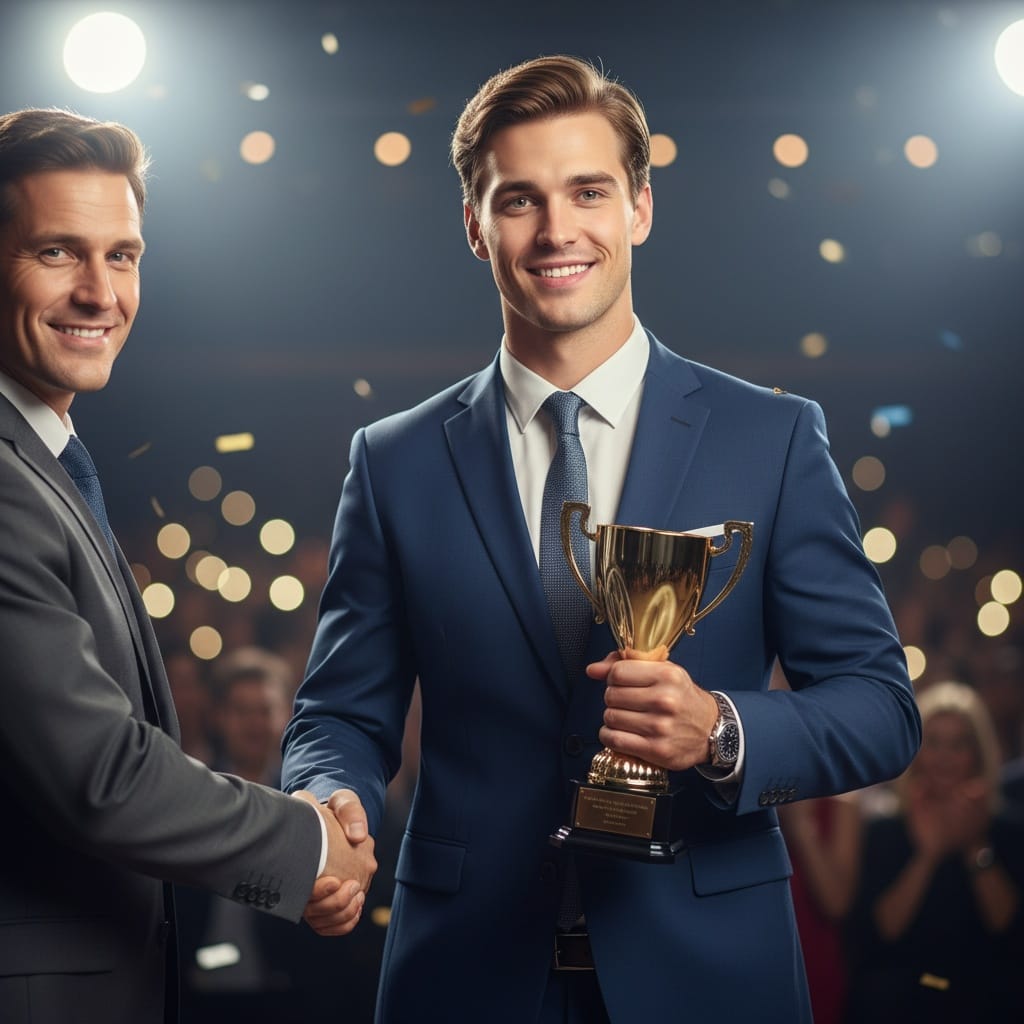 petite white man receiving award on stage 75627963