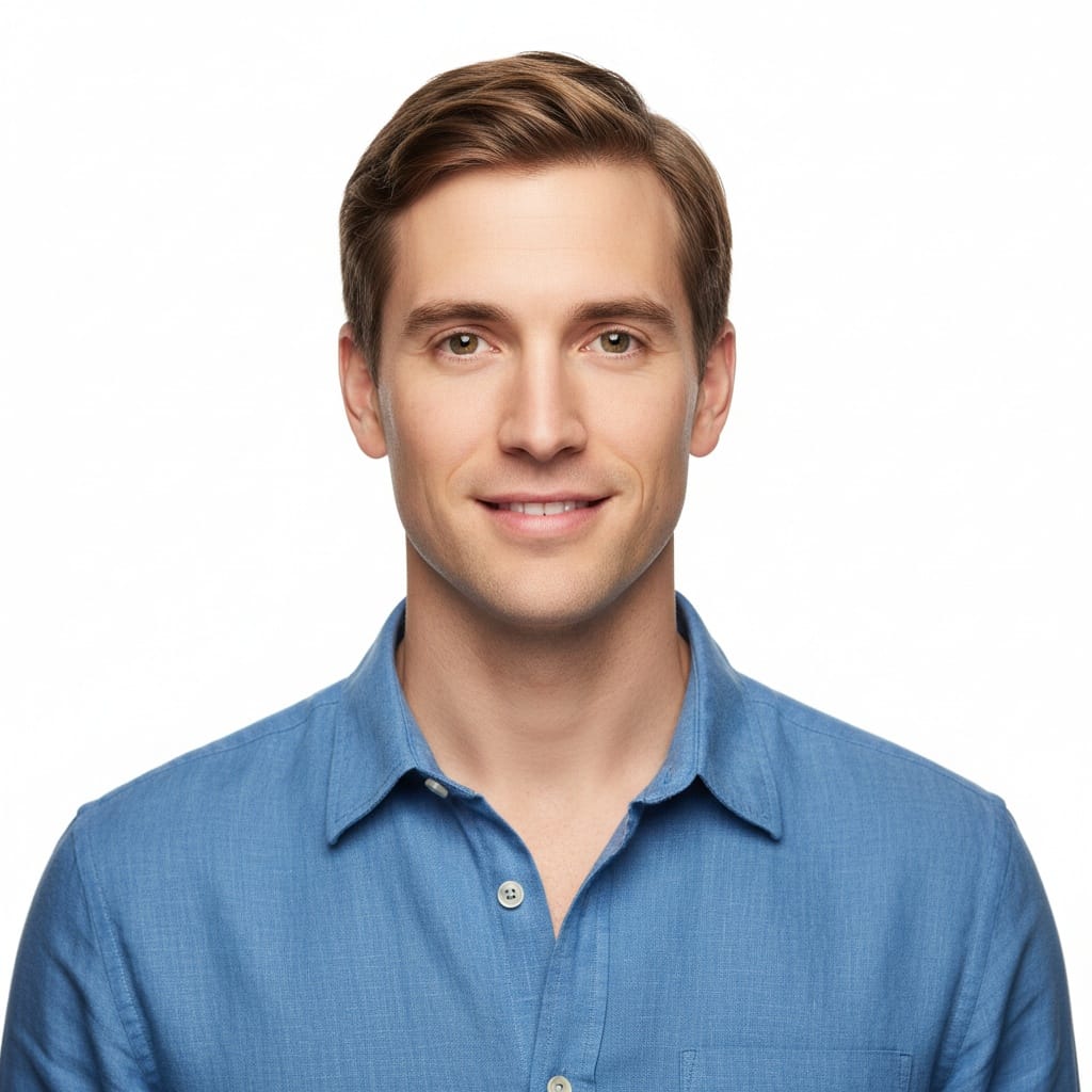 petite white man white background slight smile 71543801