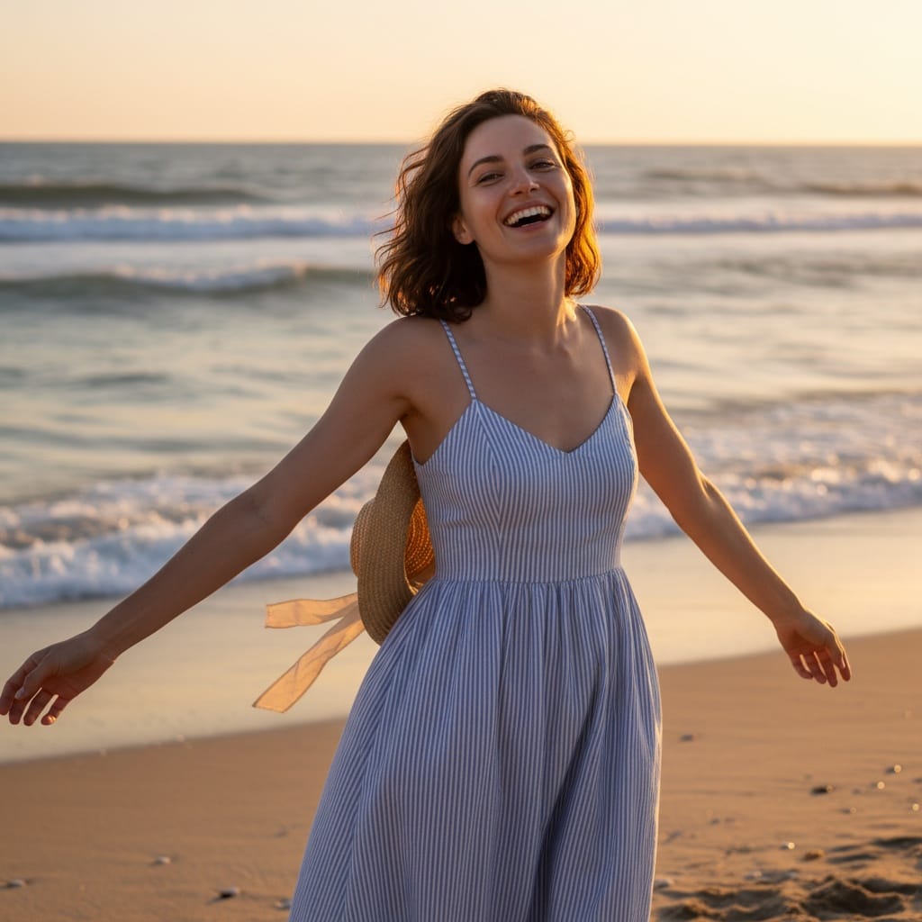 petite white woman beach casual portrait 79976831