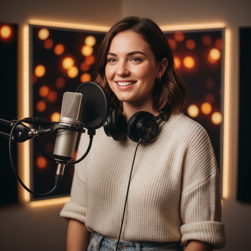 petite white woman behind microphone recording 42857221