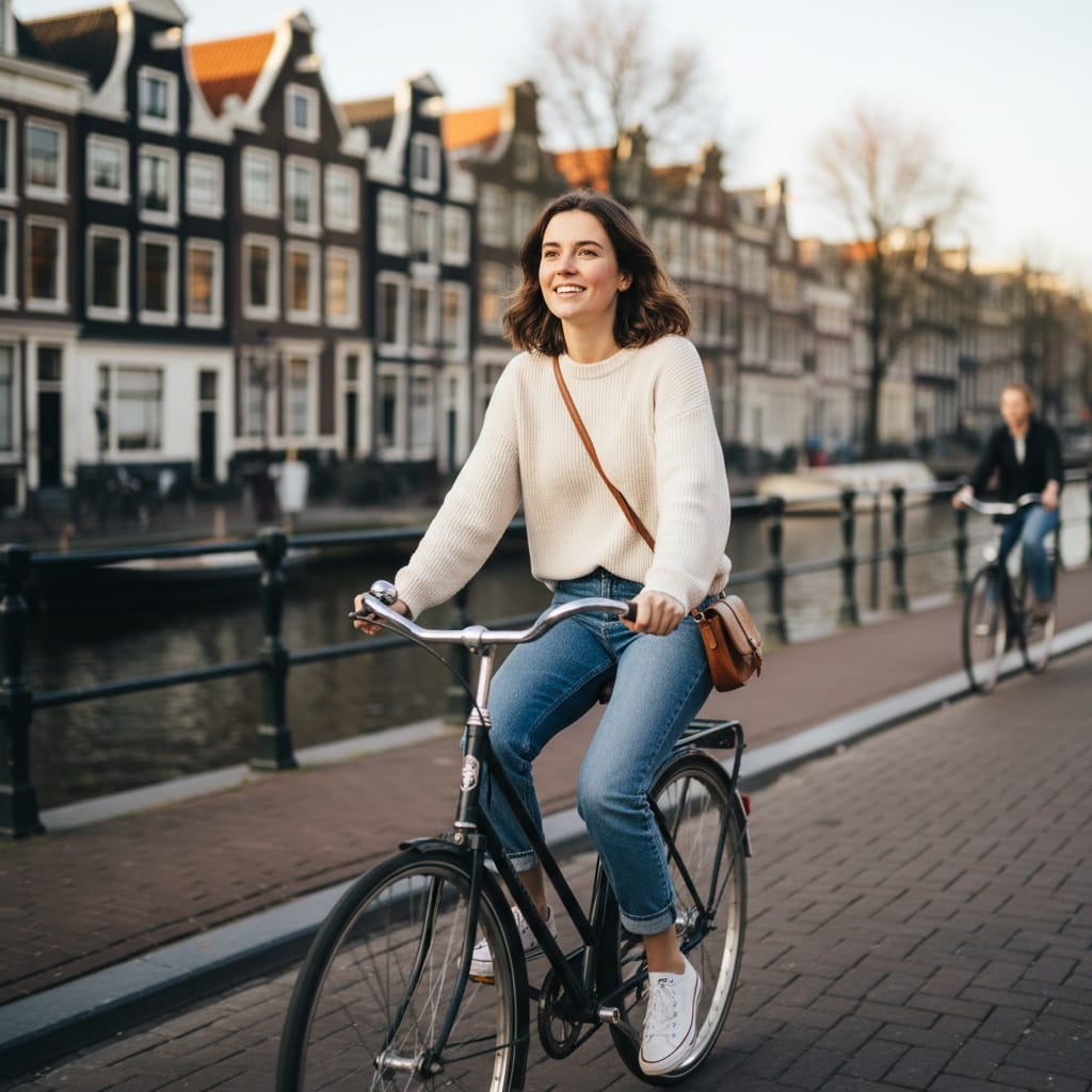 petite white woman biking through amsterdam 66594688