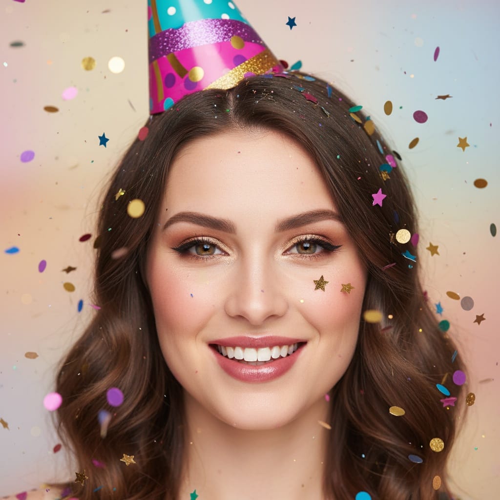 petite white woman birthday hat close up 40991151