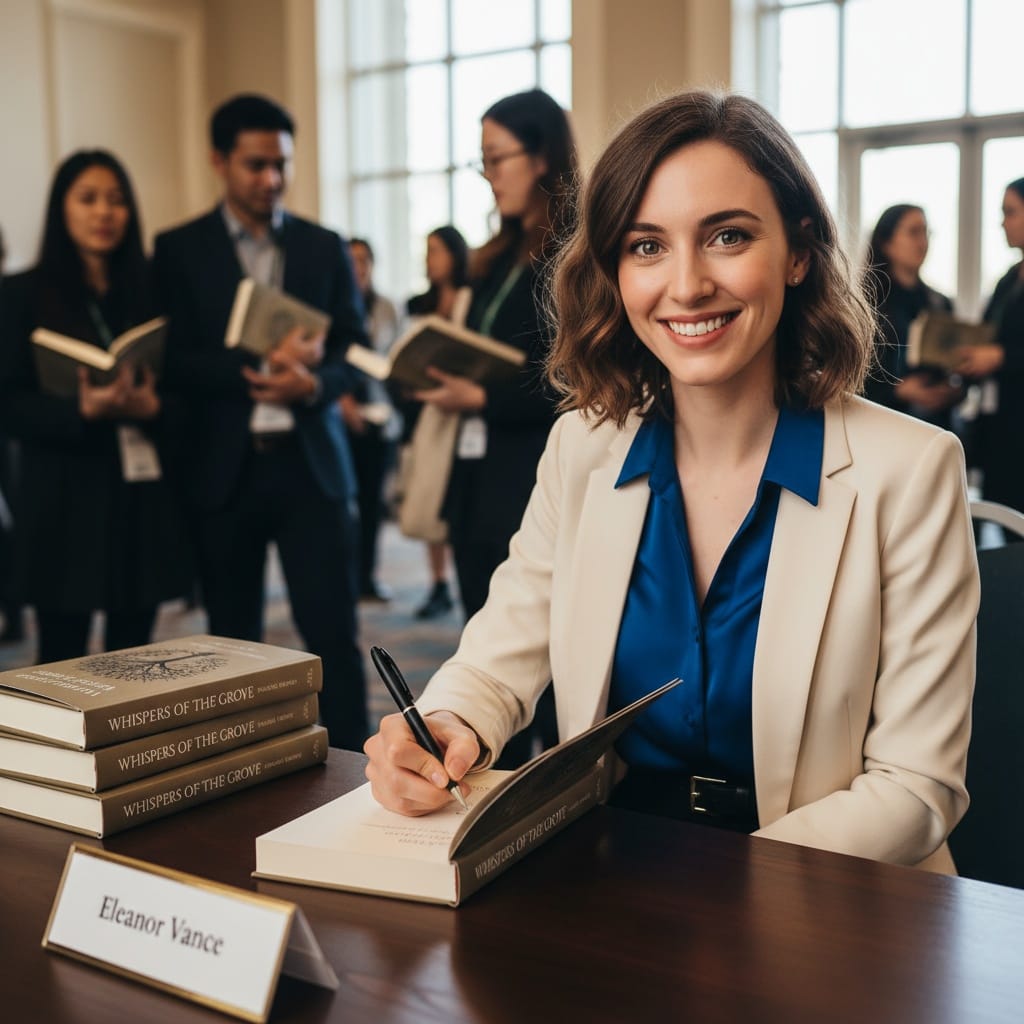 petite white woman book signing table 67852539