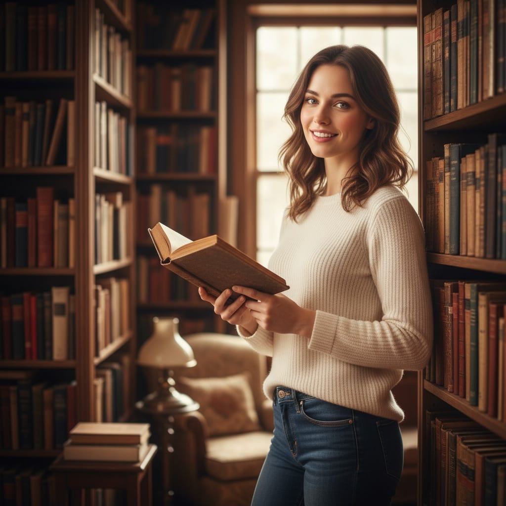 petite white woman bookstore library intellectual 29090092