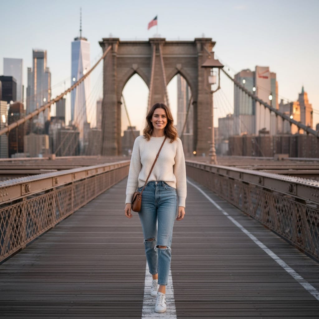 petite white woman brooklyn bridge walkway 22176478