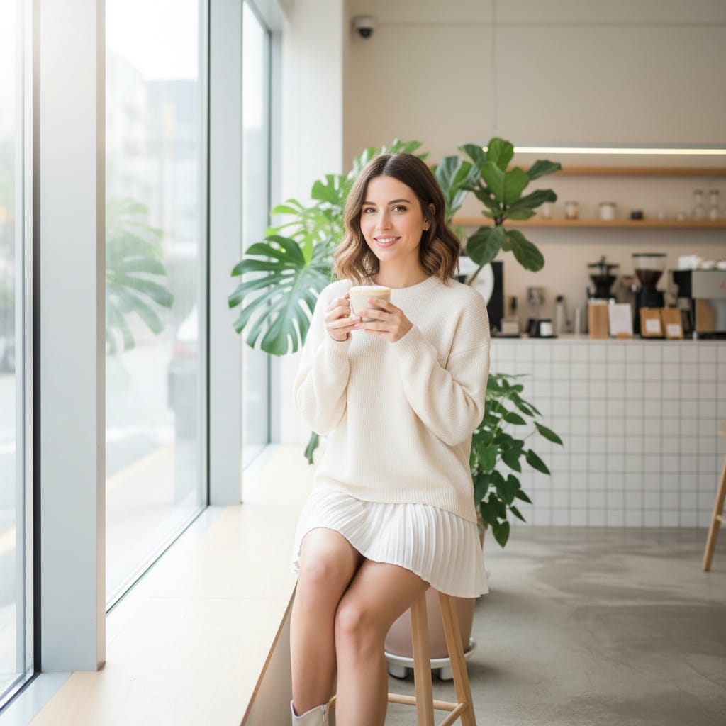 petite white woman cafe window korean aesthetic 78964577