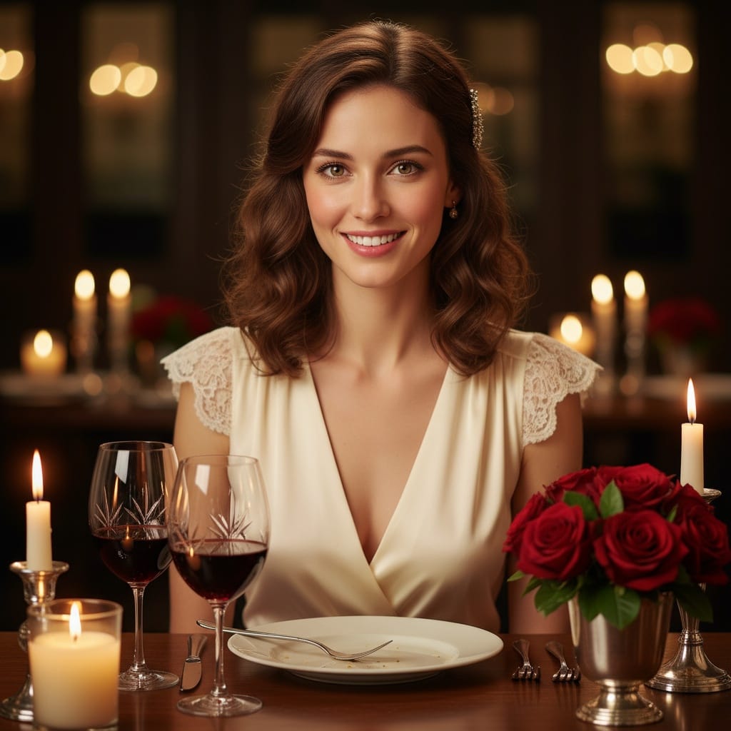 petite white woman candlelit dinner date 13138256