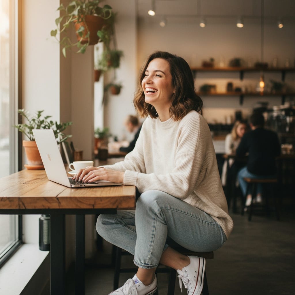 petite white woman casual laptop coffee shop 45864108