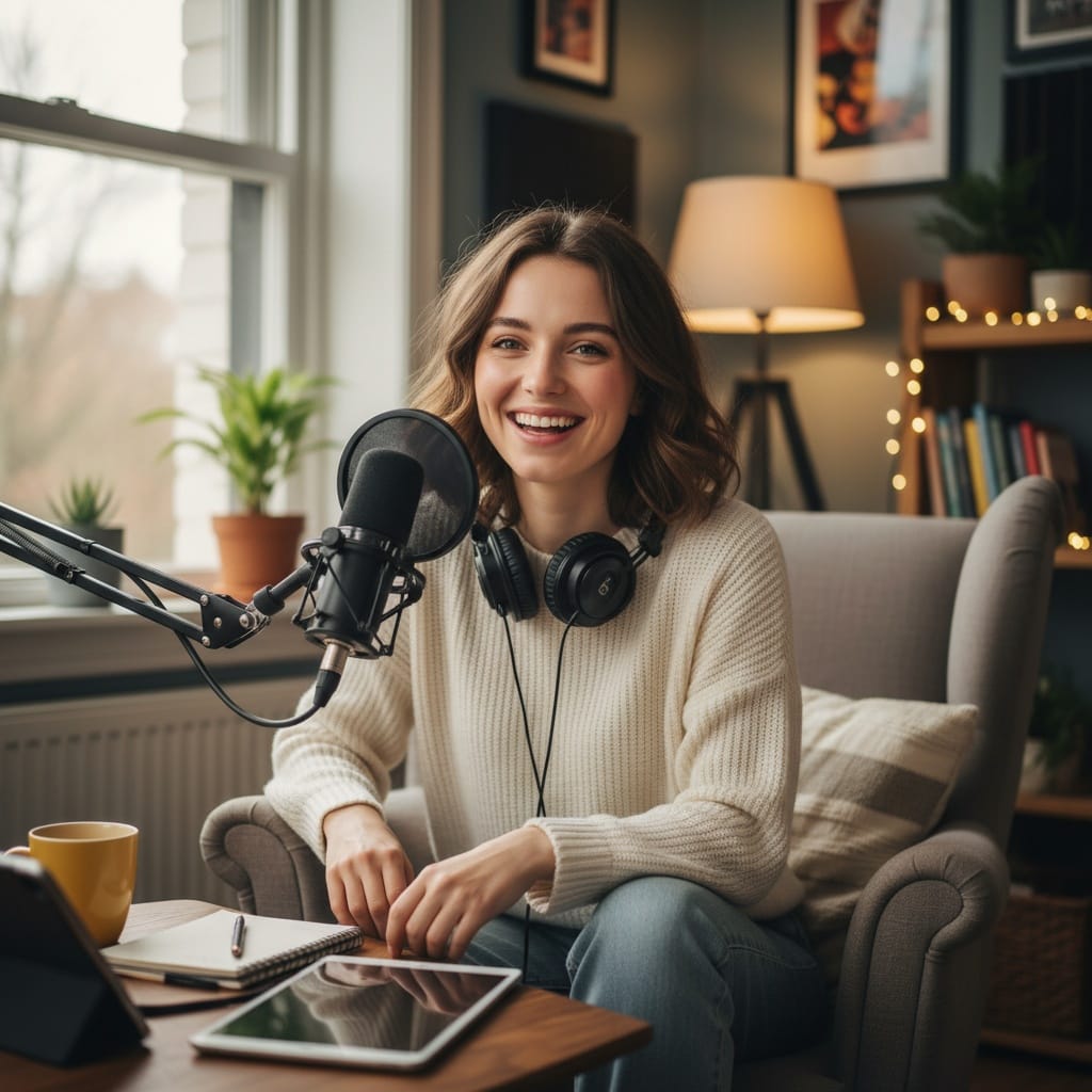 petite white woman casual podcast setup 97608103