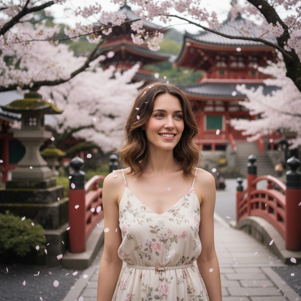 petite white woman cherry blossom temple grounds 24185958