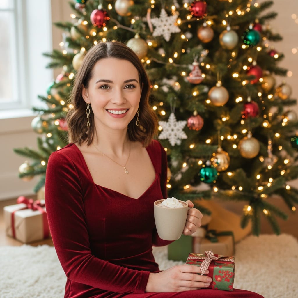 petite white woman christmas tree portrait 48026136