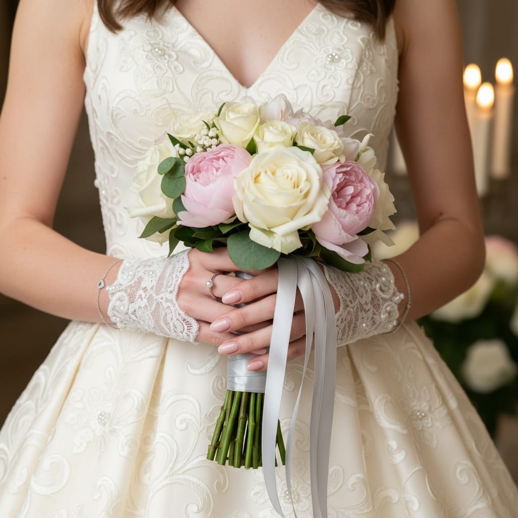 petite white woman close up hands bouquet 75557609