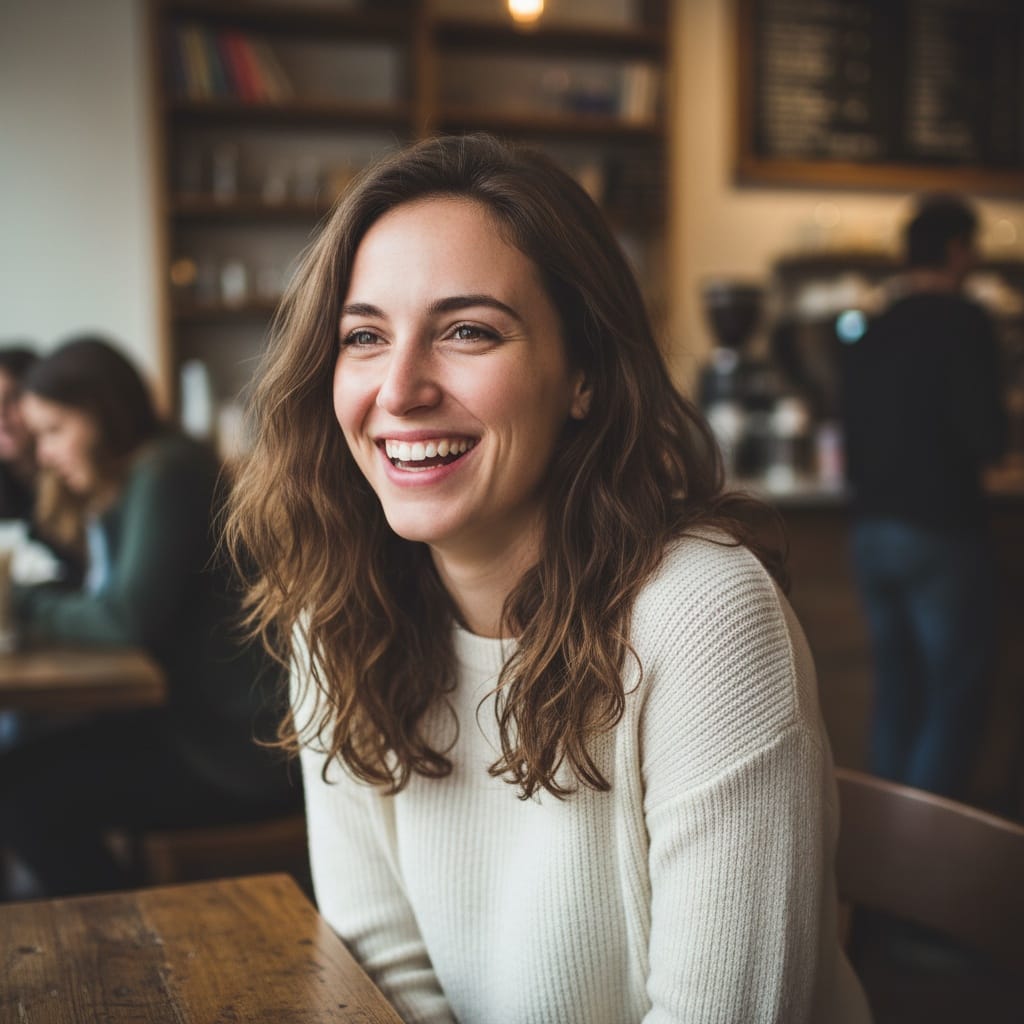 petite white woman coffee shop casual 10475756