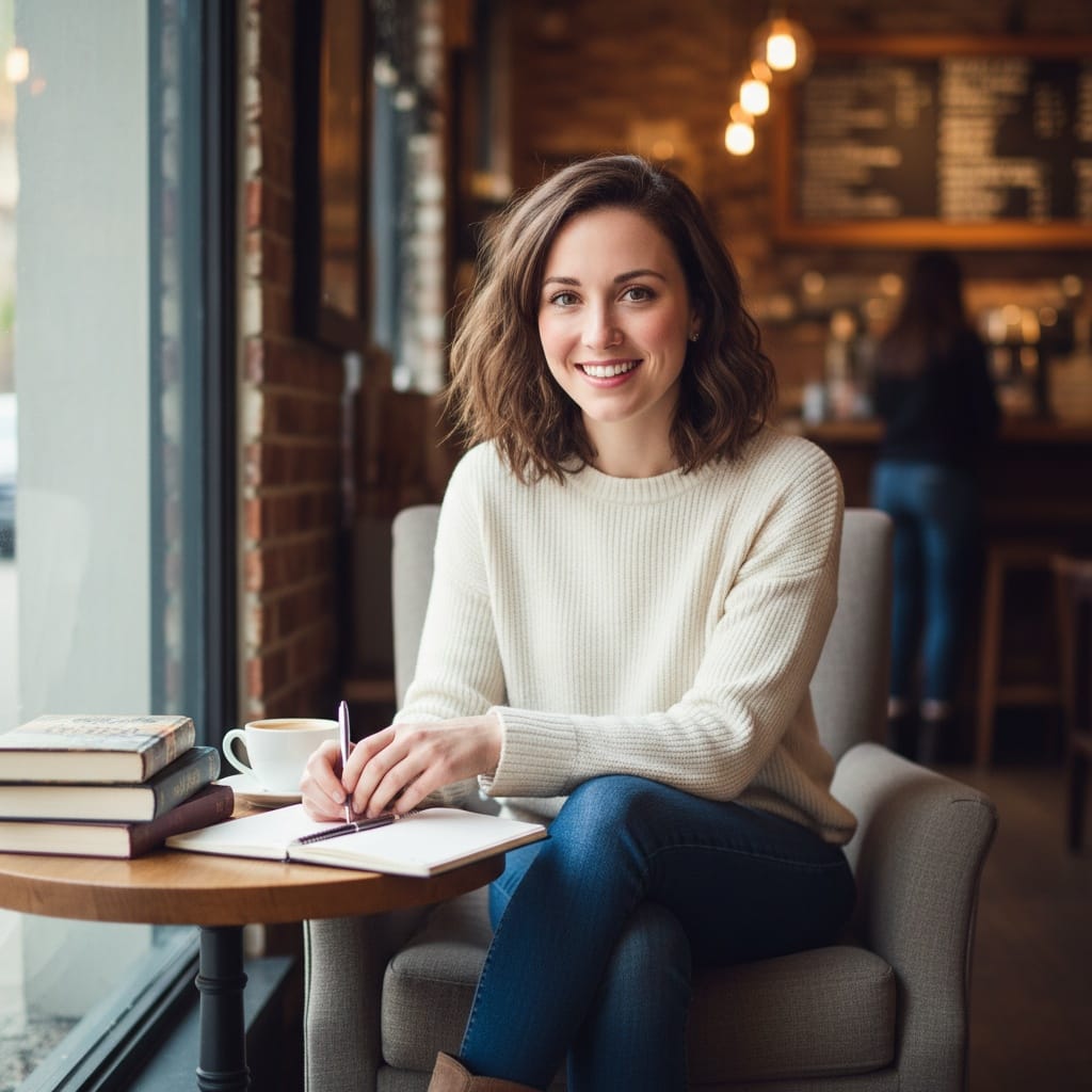petite white woman coffee shop casual setting 63445798