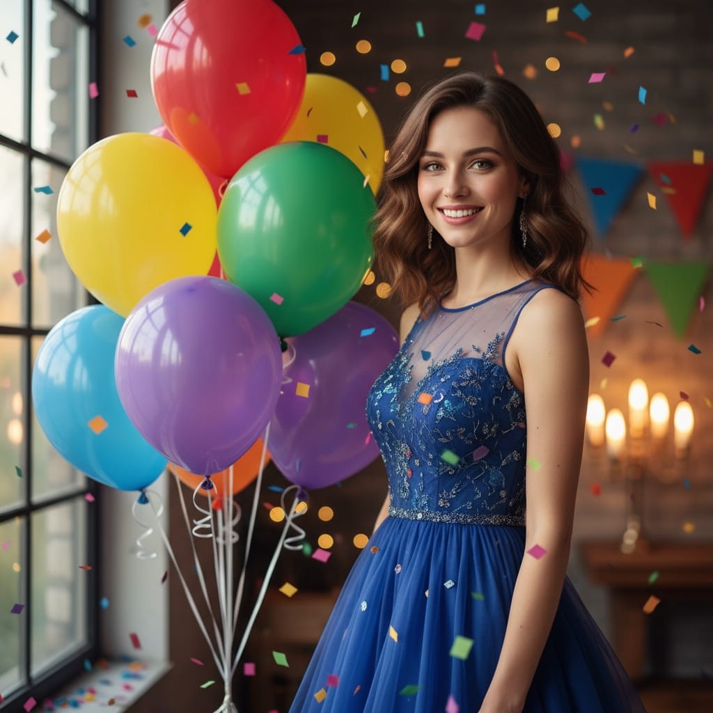 petite white woman colorful balloons portrait 79892195