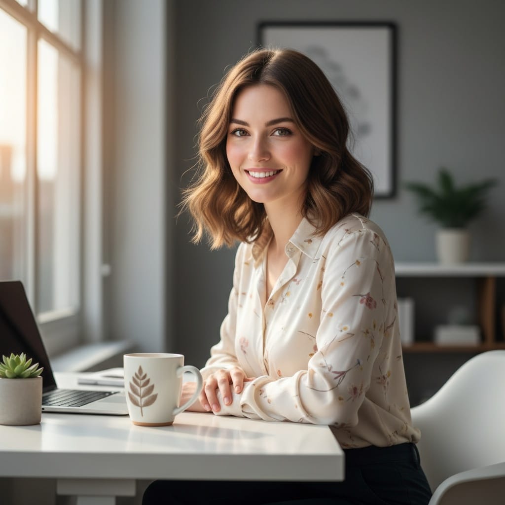 petite white woman confident office workspace 65995767
