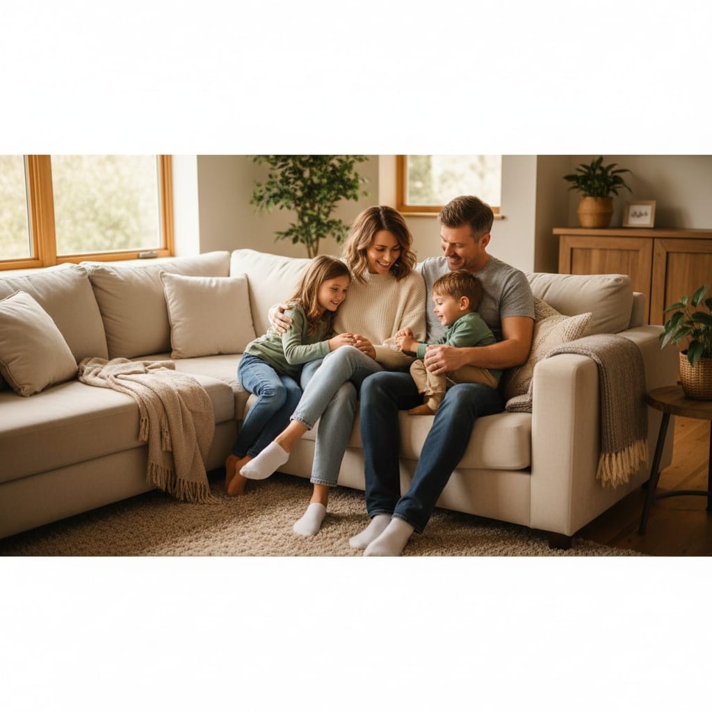 petite white woman cozy living room couch 11263220