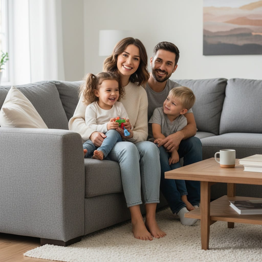 petite white woman cozy living room couch 59320565