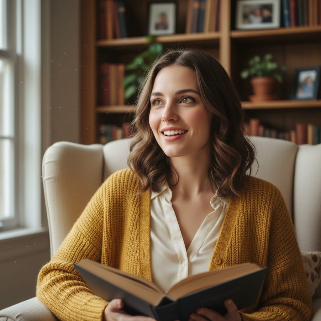 petite white woman cozy reading chair 34794569