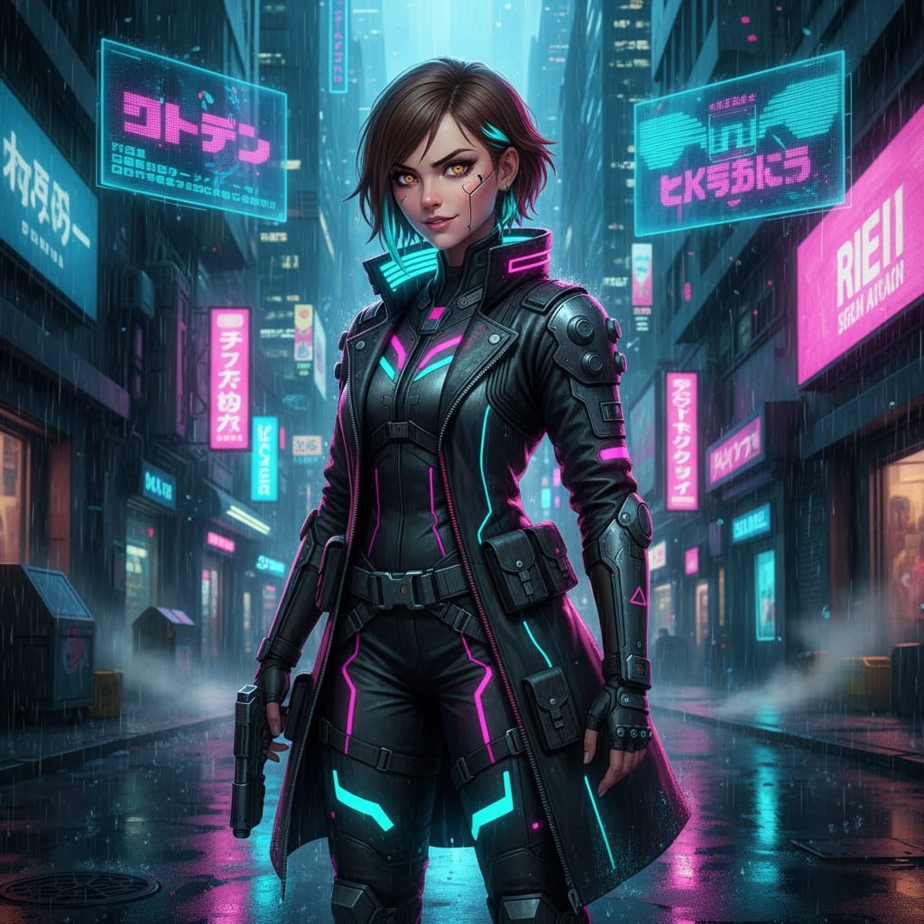 petite white woman cyberpunk neon city 96041521