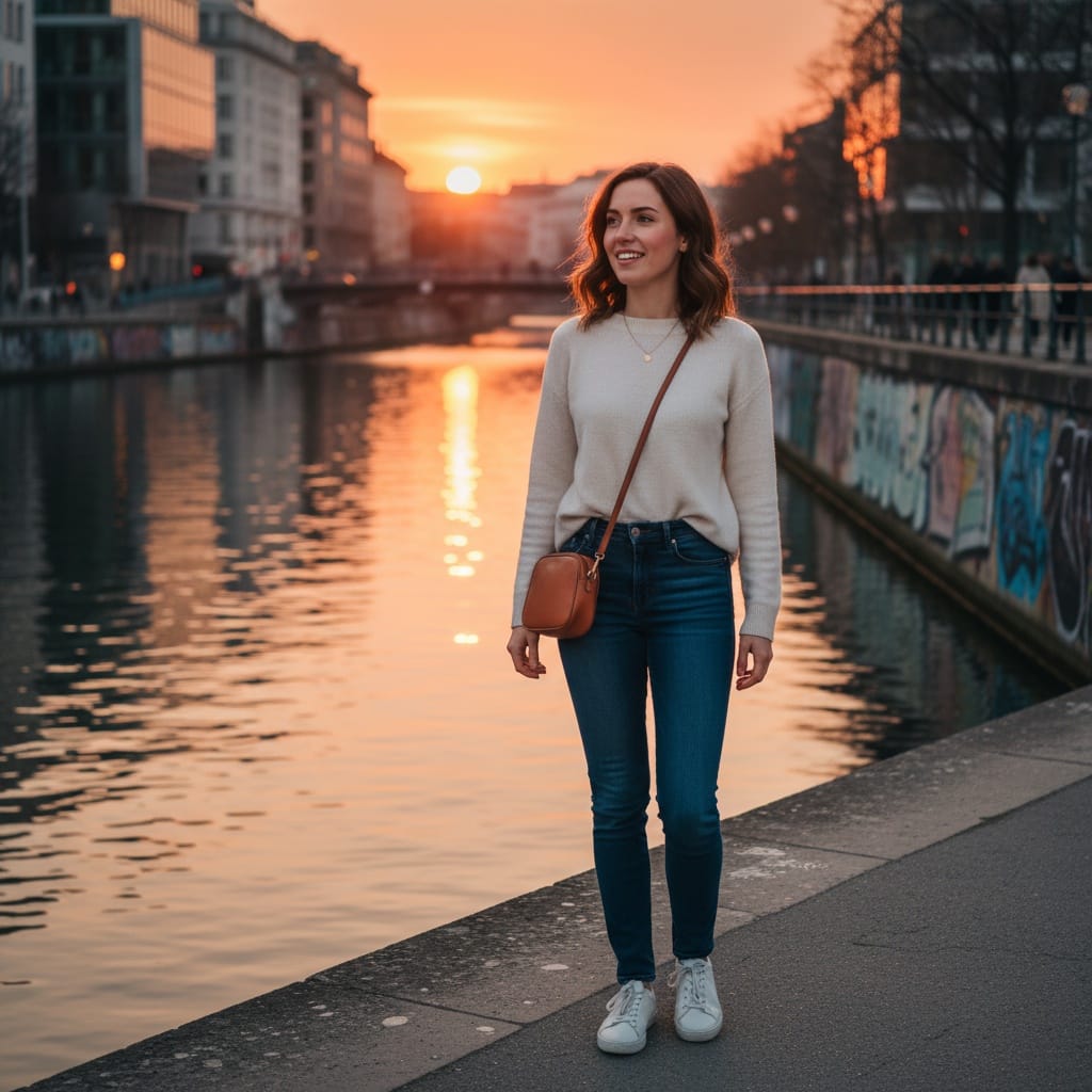 petite white woman danube canal sunset 29582471