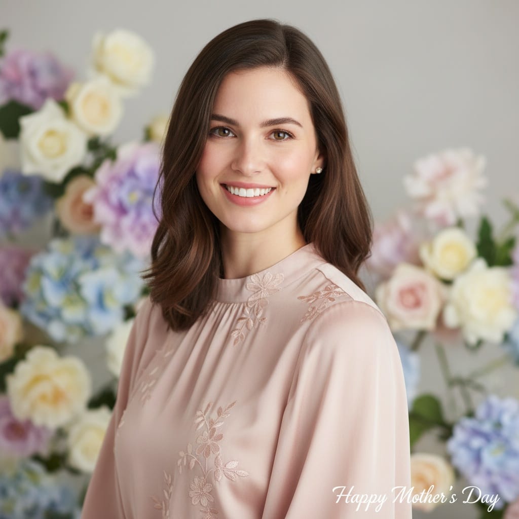 petite white woman elegant portrait flowers 91749811