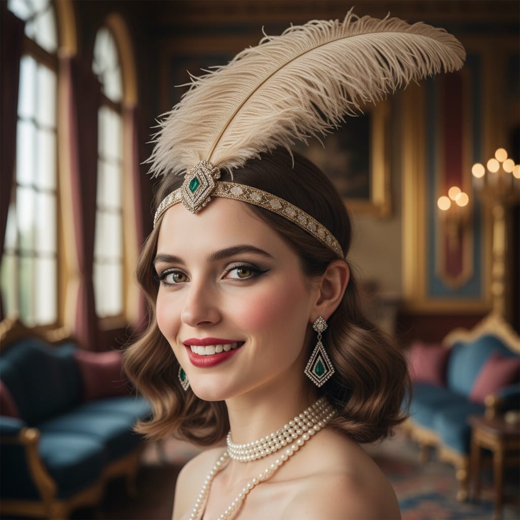 petite white woman gatsby mansion closeup 72485573
