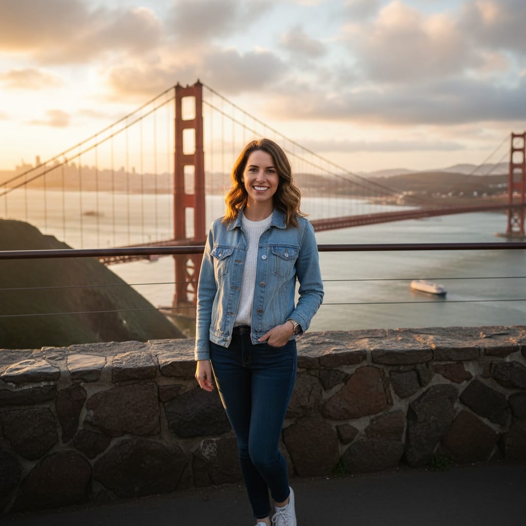 petite white woman golden gate bridge overlook 55281932