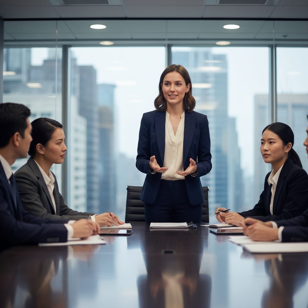 petite white woman head of table leading discussion 68393339