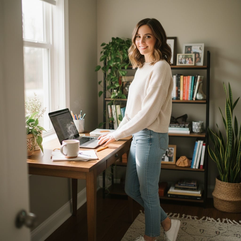 petite white woman home office authentic 28154862
