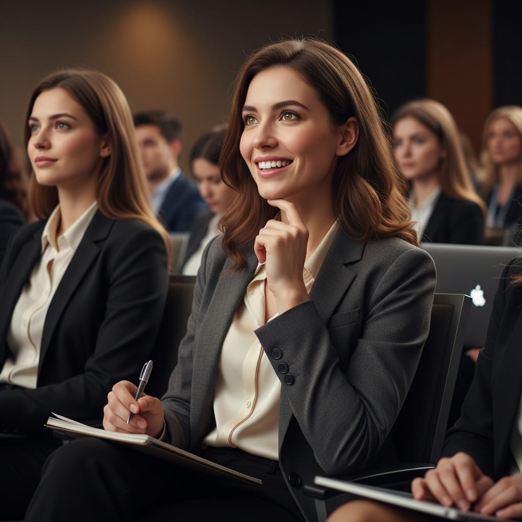 petite white woman keynote audience listening 14683762
