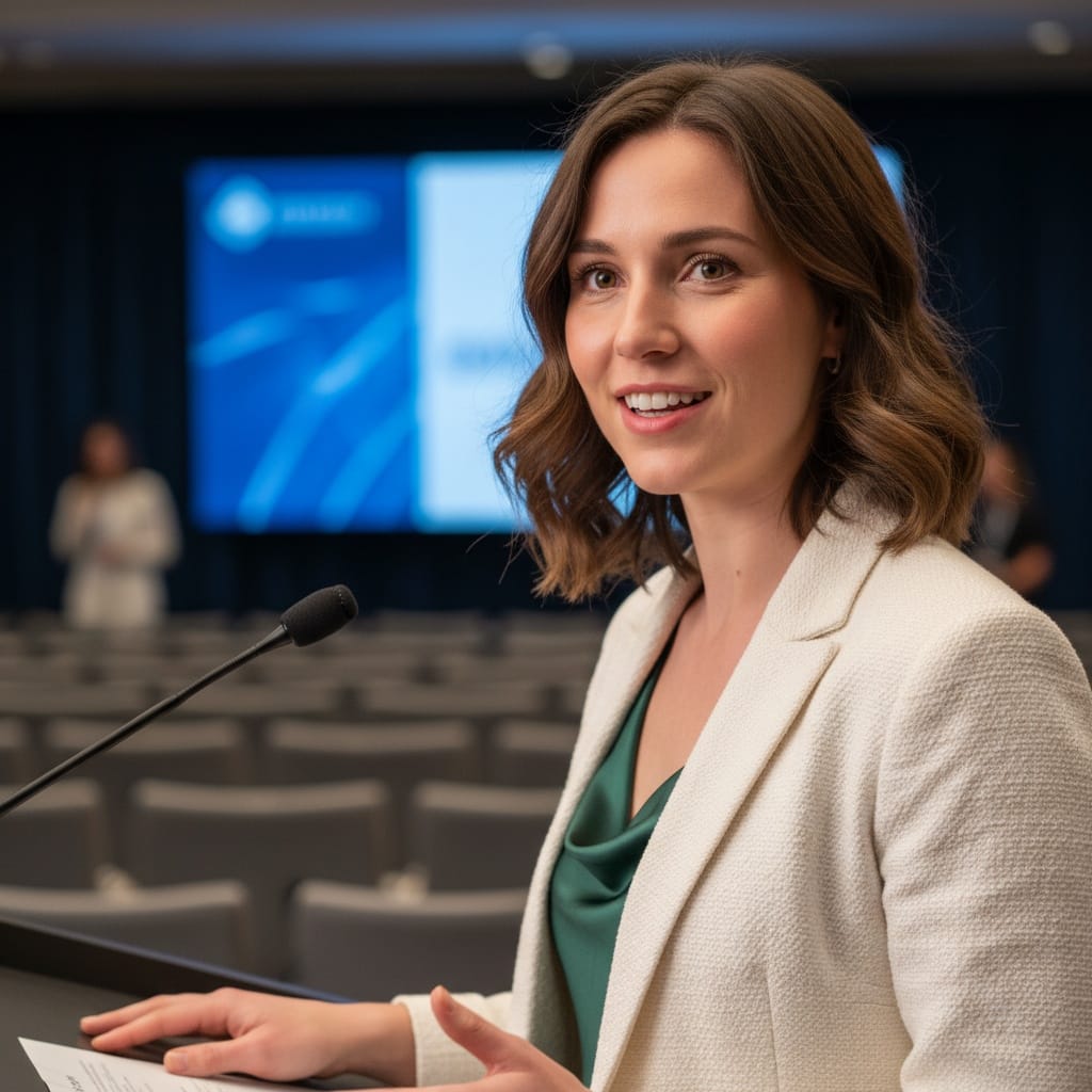 petite white woman keynote speaker closeup 28809696