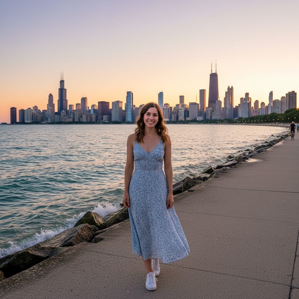 petite white woman lakefront trail skyline panorama 22086635