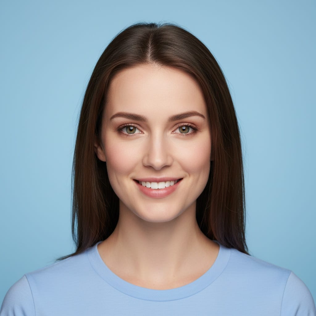 petite white woman light blue background direct 58483994