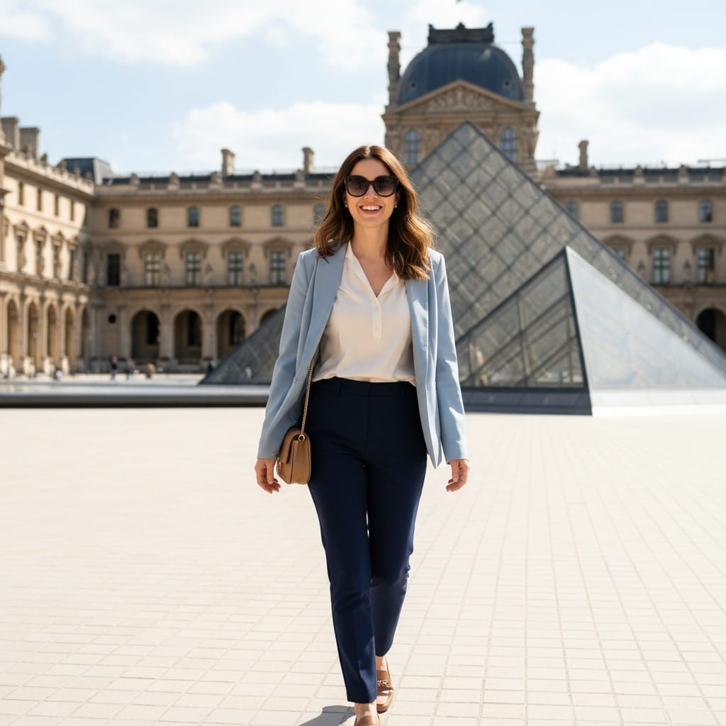 petite white woman louvre pyramid courtyard 51562705