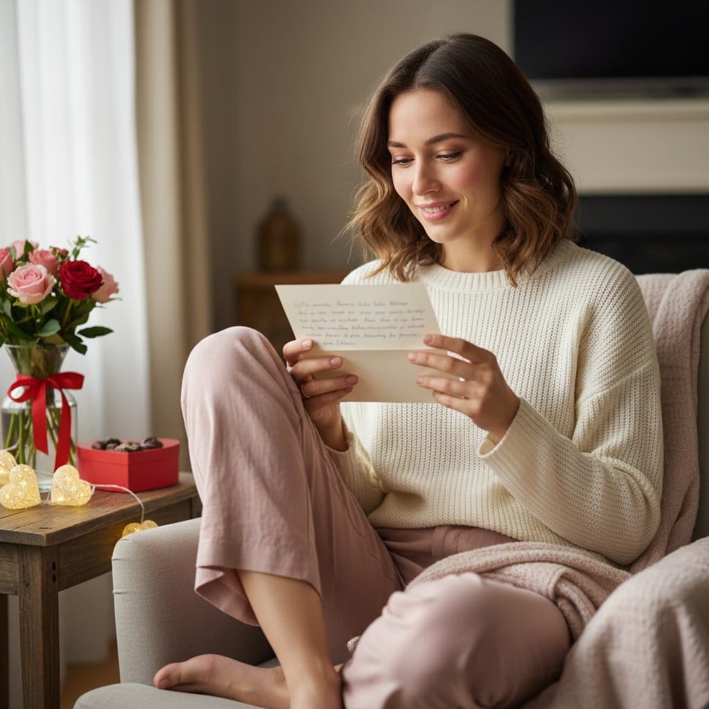 petite white woman love letter reading 49236894