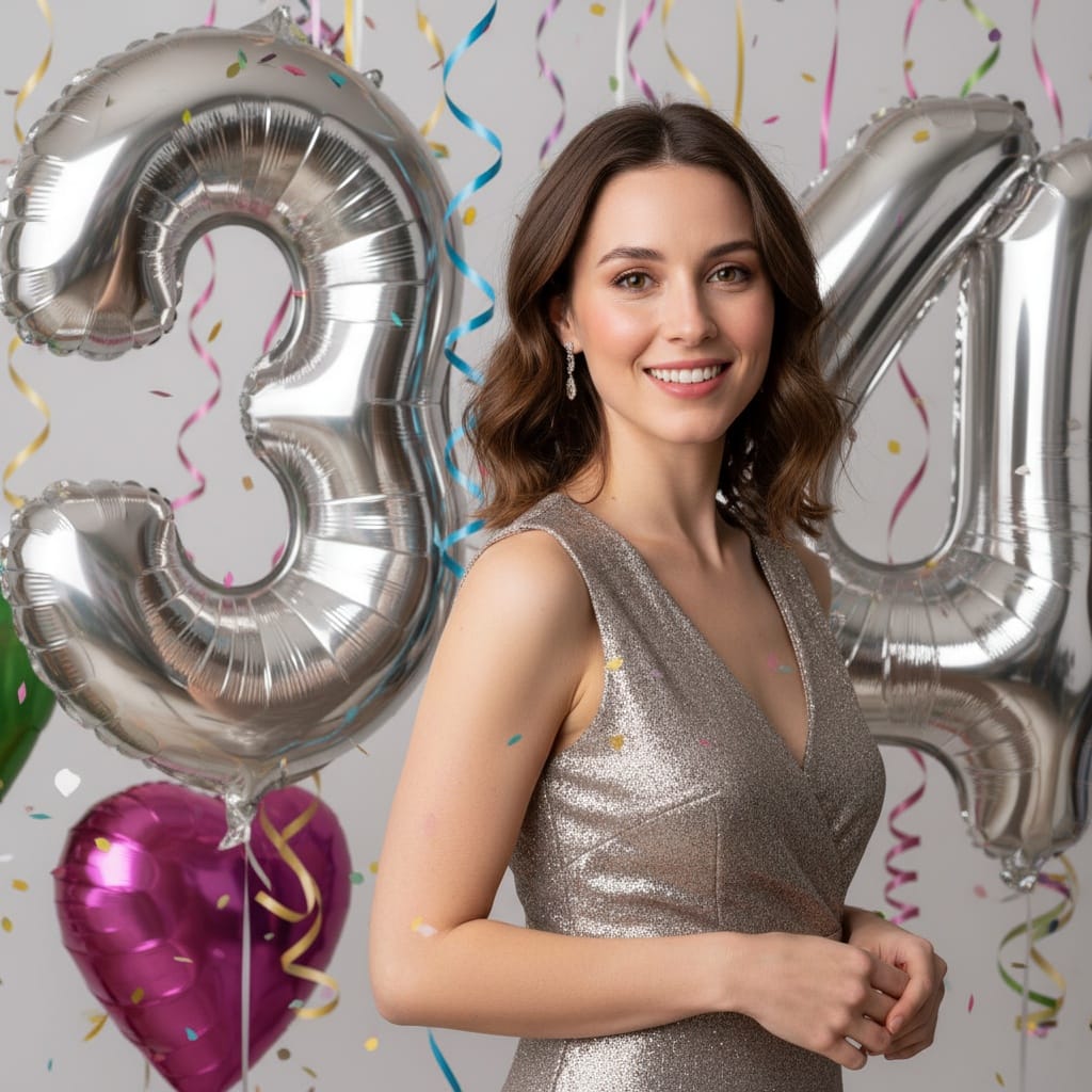 petite white woman milestone number balloons 33755860
